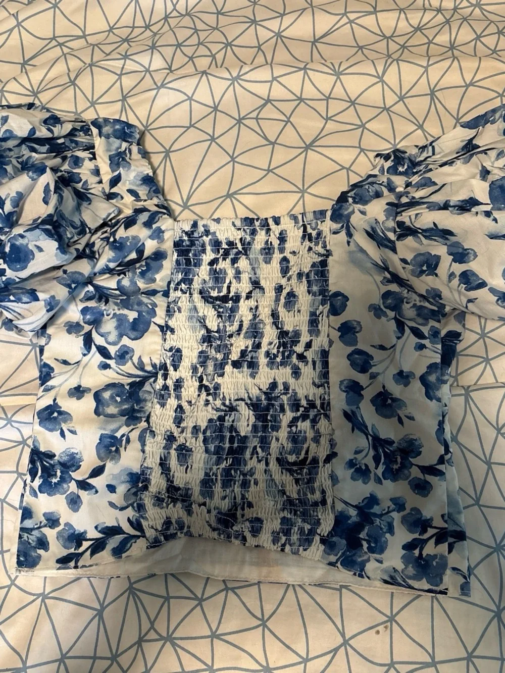 Abercrombie & Fitch White and Blue Floral Puff-Sleeve Crop Top